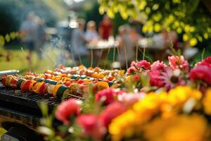 ai generado primero primavera barbacoa en un yarda con brochetas y vegetales en un parilla siguiente a floreciente flores foto