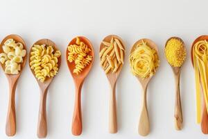 AI generated Wooden spoons with various uncooked pasta on white background photo