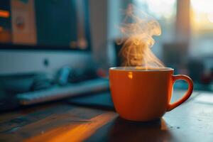 ai generado taza de humeante café en un mesa foto