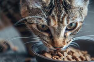 AI generated Close-up of cat eating dry food from bowl. photo