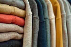 AI generated Pile of knitted sweaters as background, closeup view photo