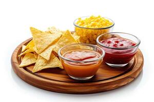 AI generated Triangular nachos corn chips with various sauces in small glass bowls on wooden tray photo