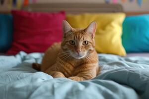 AI generated Cat with color pillows behind him on a bed. photo