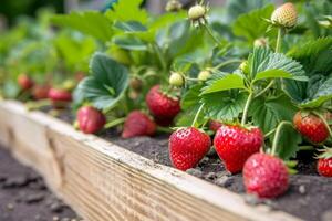 AI generated Strawberries grow in the garden in a raised bed. photo