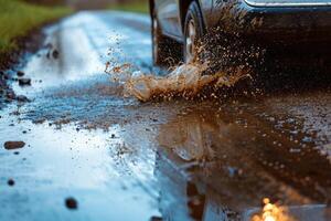 AI generated Car driving through the puddle and splashing by water. photo