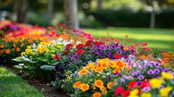 AI generated Multi-colored flower bed in the park. Outdoor summer gardening. photo