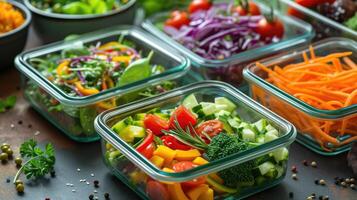 AI generated Healthy vegan dishes in glass containers with fresh raw vegetables. photo