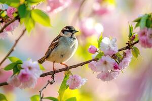 AI generated Little bird sitting on branch of blossom cherry tree. Spring time. photo
