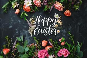 AI generated Happy easter text with beautiful colorful flowers bouquet. photo