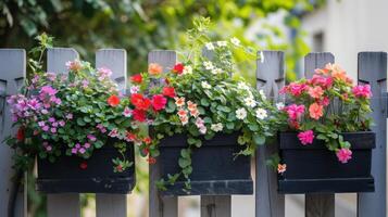 ai generado vistoso flores creciente en cajas colgando en balcón cerca foto