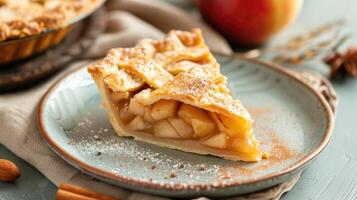 ai generado plato con un rebanada de horneado manzana tarta. foto