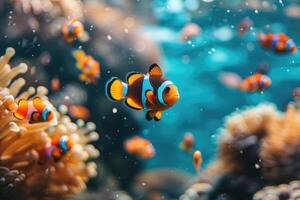 AI generated Portrait of a clown fish swimming by the coral reef. photo