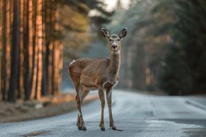 AI generated Deer standing on the road near forest at early morning or evening time. Road hazards, wildlife and transport. photo