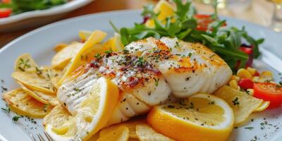 AI generated Fillet of fish and salad on a plate photo