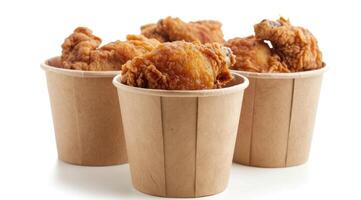 AI generated Collection of golden brown and crispy roasted Fried chicken served on a brown paper bucket isoalted on white background. photo