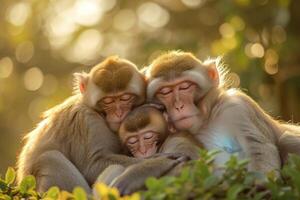 AI generated Monkeys spending time together in nature. photo