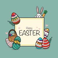 Happy Easter banner with bunny rabbit and eggs doodle style vector