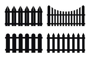 Silhouette fence set. Four isolated timber fences. Flower bed border. Simple black and white village yard fence icon set vector