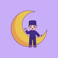 vector ilustración de un personaje ondulación desde el creciente Luna. Ramadán kareem diseño concepto