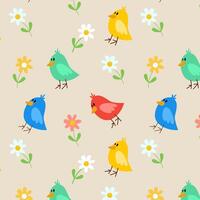 Cute pattern with bird and flowers. Hand draw nature vector pattern