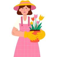 Woman holding pot with plant of tulip in hands. Concept of growing and caring  plants.  Spring gardening. vector