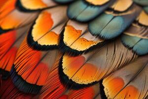 AI generated Closeup abstract background image of colorful ring-necked pheasant feathers. photo