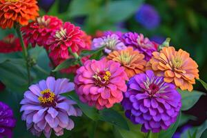 AI generated In a flower bed in a large number various zinnias grow and blossom. photo