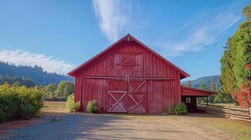 AI generated Red barn on farm landscape photo