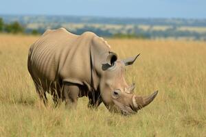 AI generated White rhinoceros grazing in a grass field. photo