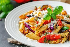 AI generated Pasta salad with baked vegetables. Penne pasta with baked peppers, eggplant, pesto and cheese in a white plate photo