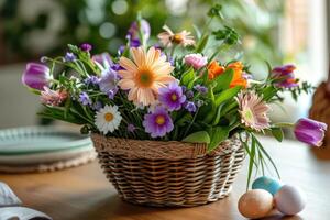 ai generado un Pascua de Resurrección flor arreglo ramo de flores en un cesta con Pascua de Resurrección huevos soportes en el festivo comida mesa en Pascua de Resurrección Mañana. foto