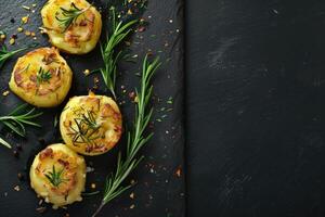 AI generated Crushed, smashed potatoes baked with rosemary and thyme. Black background. Top view. photo