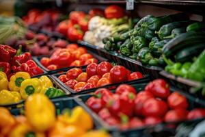 AI generated Various vegetables on supermarket aisles, clear and professional. photo