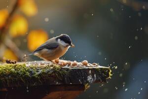 ai generado adorable pantano teta parus palustris comiendo semillas foto