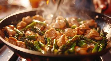 AI generated Stir fry with chicken and asparagus. Chicken stirfry. Chinese food. photo