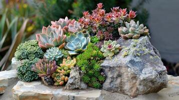 ai generado variedades de diferente suculentas plantas en un jardín. foto