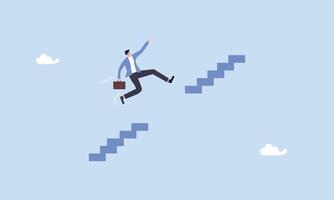 Challenge and risk to success and win business competition concept, ambitious businessman jump pass broken stair gap to reach target, overcome difficulty or obstacle to grow career path vector