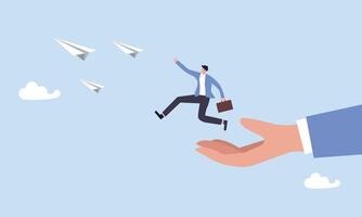 Aspiration and motivation to achieve bigger business target, advancement in career or business growth concept, business man jump to the goal by helping with big hand. vector