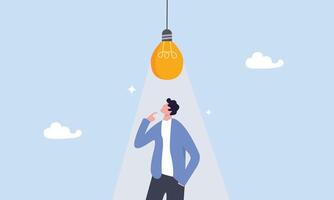 Innovation, creativity or imagination for business success, thinking about idea, solution to solve problem or brainstorm concept, smart businessman thinking under inspired bright light bulb. vector