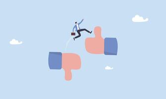 Courage businessman jumping from thumb down to thumb up, change or transform to better opportunity, improvement or courage, determination to progress or career growth, aspiration or challenge concept. vector