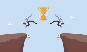 Victory or business achievement, triumph or award winning, accomplishment for leadership success, determination for career success concept, two businessmen jumping to grab a trophy. Compete for Busine vector