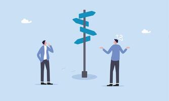 Decision choice, confusion, doubt for opportunity, challenge to choose career path, way to success or tough decision, way to solve problem concept, confused businessman make decision choosing path. vector