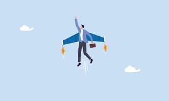 Entrepreneur launch new startup project concept, ambition or aspiration to success in work, career growth or boost business development, happy businessman flying high with jetpack rocket booster. vector