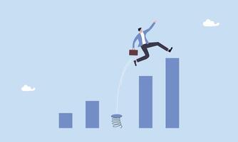 Strong businessman jumping from trampoline back to top of growing bar graph, business challenge, revenue rebound and recover from economic crisis or earning and profit growth jump from bottom concept vector