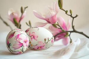 AI generated Easter eggs with pink magnolias on a light background. Light Easter background with place for text. photo