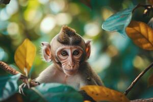 ai generado hermosa mono gasto hora en naturaleza. foto