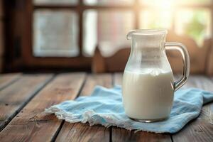 AI generated Glass jug of fresh milk on wooden table. photo