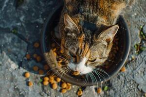 AI generated Close-up of cat eating dry food from bowl. photo