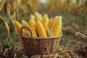 AI generated Corn cobs in basket at the field corn farm. photo