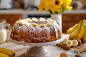 AI generated A beautifully decorated banana cake backdrop of a cozy Banana cake with cinnamon and sugar icing environment. photo